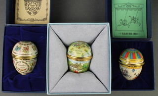 3 Halcyon Days enamelled Easter Eggs, boxed 1979/80/81