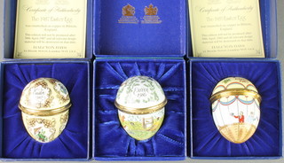 3 Halcyon Days enamelled Easter Eggs, boxed 1985/86/87