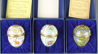 3 Halcyon Days enamelled Easter Eggs, boxed 1988/89/90