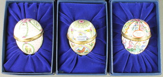 3 Halcyon Days enamelled Easter Eggs, boxed 1991/92/93