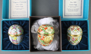 3 Halcyon Days enamelled Easter Eggs, boxed 1994/95/96