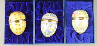 3 Halcyon Days enamelled Easter Eggs, boxed 2003/04/05