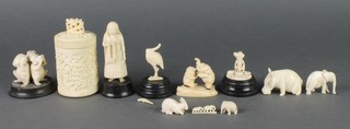A carved ivory figure of an Indian lady 3", minor carved animals and figures