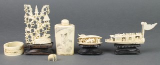 A carved Cantonese ivory barge, minor ivory and bone items 