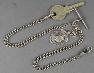 A silver curb link Albert watch chain with sports fob 