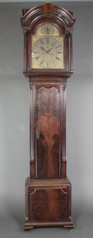 An 18th Century 8 day striking longcase clock, the 13" brass dial with silvered chapter ring, strike/silent dial and subsidiary second hand contained in a mahogany case, having fluted columns to the side 91"h 