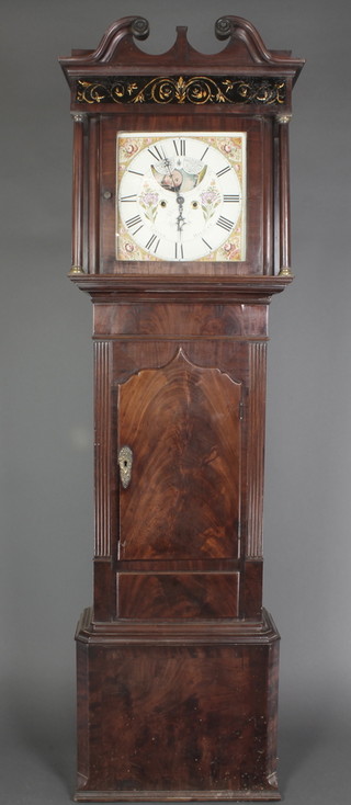 Lister of Halifax, an 18th Century 8 day longcase striking clock, the 14 1/2" square painted dial with spandrels decorated phases of the moon and having minute indicator, contained in a mahogany case 58"h 