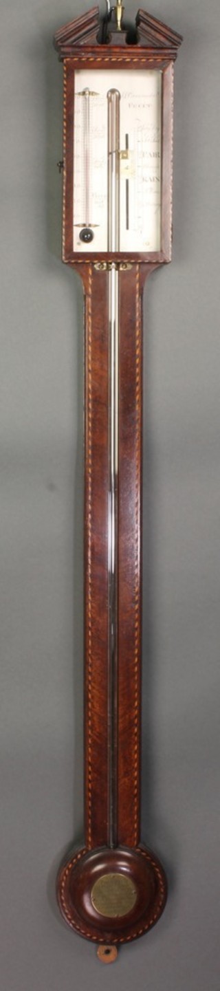 P Caminada of Taunton, an 18th Century mercury stick barometer with silvered dial, contained in an inlaid mahogany case, the base with presentation plaque to W T Daw from the staff of the Great Western Railway 1917 