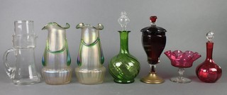 A pair of Art Nouveau tapered  glass vases with green decoration, 2 ewers, a sweetmeat dish, comport and water decanter 