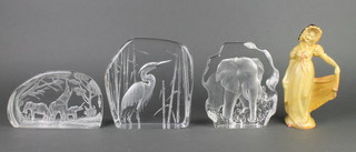 3 glass animal sculptures and an Art Deco Wade figure 