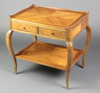 A 19th/20th Century rectangular Kingwood 2 tier occasional table, the quarter veneered and crossbanded top fitted 2 short drawers with undertier, raised on cabriole supports 21"h x 21"w x 16"d 
