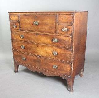A Georgian mahogany secretaire chest with well fitted secretaire drawer fitted pigeon holes, cupboards and drawers, flanked by 4 short drawers above 3 long drawers, raised on bracket feet 45 1/2"h x 48 1/2"w x 22"d 