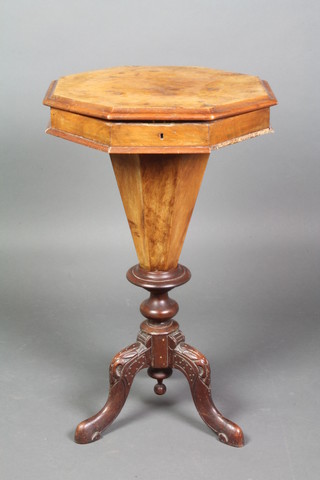 A Victorian octagonal walnut work table of conical form with hinged lid 28 1/2"h x 17"w x 17"d 