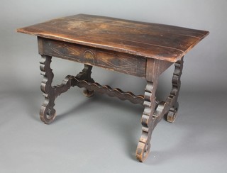 A 17th Century style rectangular oak table fitted 1 long drawer, raised on shaped supports with H framed stretcher 29"h x 44"w x 28 1/2"d 