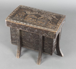 A Chinese rectangular carved hardwood box, the lid decorated 3 wise monkeys and having foliage decoration to the side, 16"h x 19"w x 13"d 