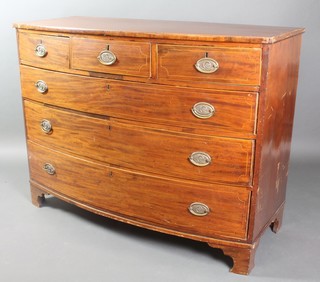 A Georgian mahogany bow front chest of drawers inlaid satinwood stringing, fitted 2 short drawers above 3 long drawers with brass plate drop handles raised on bracket feet 37"h x 49"w x 22"d 