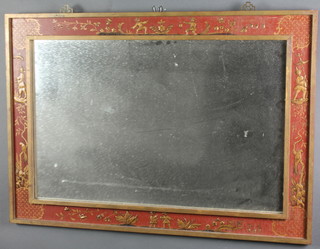 A rectangular plate wall mirror contained in a red lacquered chinoiserie style frame 24"h x 34"