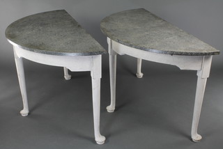 A pair of Georgian style painted white and granite console tables, raised on club supports 28"h x 48"w x 22"d 
