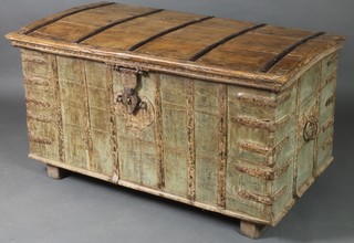 A 19th Century Continental bleached hardwood coffer with hinged lid, the interior fitted a candle box, with iron banding, hasp and padlock, raised on bun feet 26"h x 50"w x 27"d  