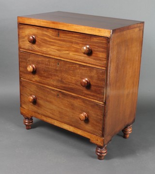 A Victorian mahogany chest fitted 3 long drawers with tore handles, raised on turned feet 35"h x 30"w x 17 1/2"d 