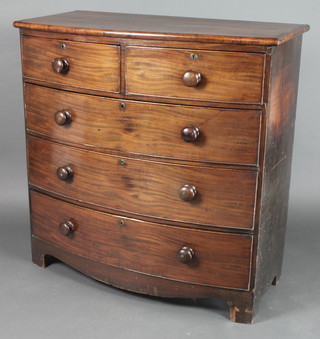 A 19th Century mahogany bow front chest of 2 short and 3 long drawers, raised on bracket feet 41"h x 41"w x 20 1/2"d