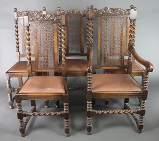 A set of 5 1930's carved oak high back dining chairs with woven cane panels and spiral turned columns  to the sides, raised on spiral turned and block supports, 1 carver, 4 standard 