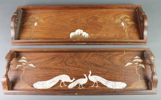 A pair of rectangular inlaid rosewood twin handled bottle trays decorated peacocks and elephants 2" x 25" x 18"  