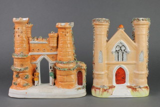 A Victorian Staffordshire model of a twin turretted castle 8", a ditto of a church 7 1/2" 