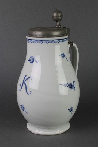 A 20th Century Meissen baluster Earthenware jug with pewter mounts and floral decoration 14" 