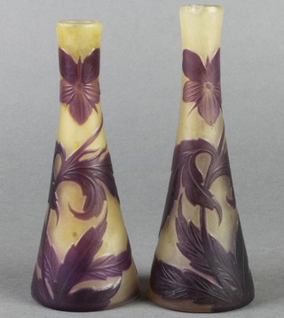 A near pair of Art Nouveau Galle style overlaid tapered vases with leaf decoration, indistinctly signed Banz 6" and 5 3/4" 