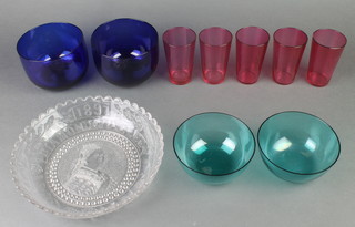 A pair of 19th Century Bristol blue glass rinsers, 5 cranberry beakers and 3 other items 