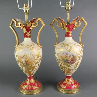 A pair of Edwardian 2 handled vases decorated with panels of figures 16", converted to electricity 