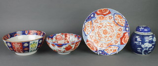 An Imari deep bowl 8", a ditto 7", a plate 8" and a prunus jar and cover 