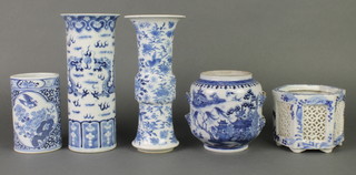 An 18th Century Chinese blue and white waisted baluster vase decorated with pavillion landscapes 4", 4 other blue and white items