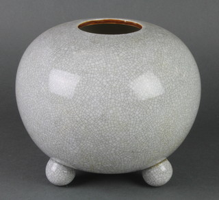A Chinese Celadon white glazed squat bulbous vase on ball feet 7" 