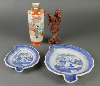 2 late 19th Century Chinese leaf shaped dishes decorated with landscape views 5" and 7", a Satsuma tapered vase and a carved hardwood figure