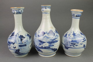 3 19th Century Chinese provincial baluster vases with elongated necks, decorated with stylised landscapes, 7", 8" and 9"