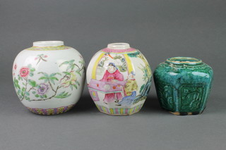 A Chinese octagonal ginger jar and cover, the famille rose decoration with figures in pavillion gardens, 6 character mark to base 4 1/2", 1 other and a green glazed jar, all lacking lids  