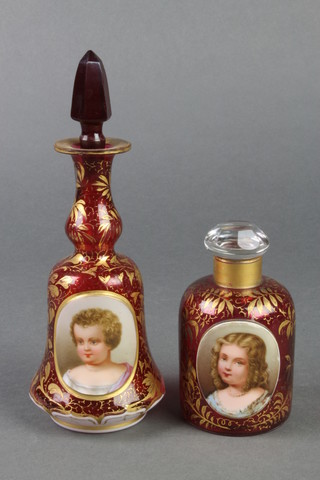 A 19th Century Bohemian red and gilt bottle  with a portrait study of a young girl 3 1/2" together with a ditto bell shaped scent with floral decoration 8" 