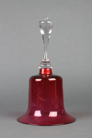 A Victorian cranberry glass bell with clear handle 10" 