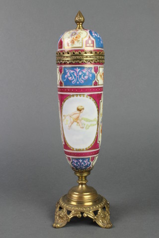 A 19th Century Austrian high vase and cover with gilt metal mounts decorated with panels of cherubs and flowers 14" 