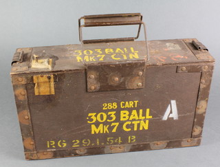 A wooden and metal ammunition box marked 288 cartridges, 383 ball, Mk 7 Cen, base marked 53