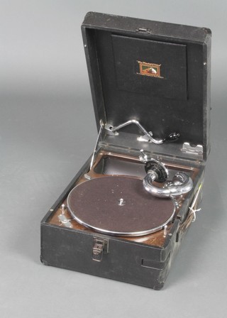 HMV, a portable manual gramophone contained in a fibre carrying case
