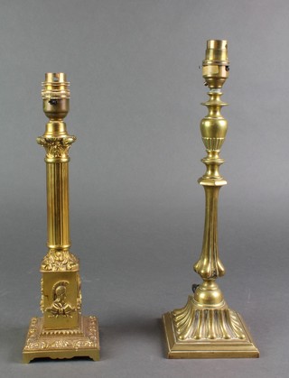 A brass table lamp raised on a square spreading foot 12", a brass Corinthian column table lamp 9 1/2"