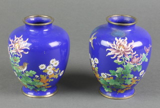 A pair of blue ground cloisonne enamelled vases decorated birds amidst flowers (1f) 4"h 