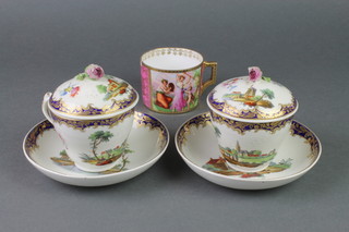 A pair of 19th Century chocolate cups, covers and saucers decorated with extensive European views and spring flowers with rose finials together with an Austrian cabinet cup with classical figures 