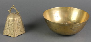 A Chinese circular brass bowl 8", a hexagonal brass bell 4" (no clapper) and a fan