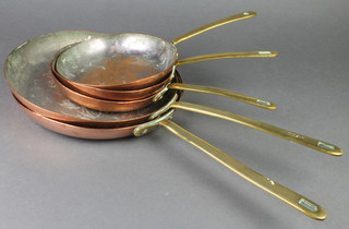 5 various copper saucepans with brass handles - 2 x 10" and 3 x 7 1/2" 