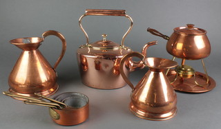 An oval copper kettle, 2 reproduction copper harvest measures, 5 graduated copper miniature saucepans and a copper fondue set 