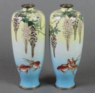 A pair of 19th Century blue ground cloisonne enamelled vases decorated carp 7" 